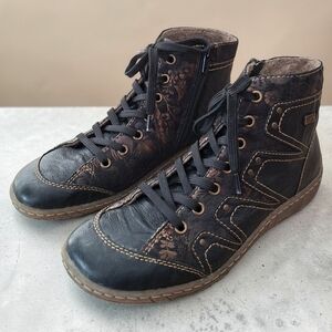 Remonte Black Leather Boots Ankle Booties Short Ankle Shoeties Side Zip Lace Up